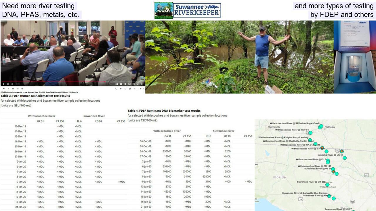 Need more river testing, and more types of testing, DNA, PFAS, metals, etc., by FDEP and others