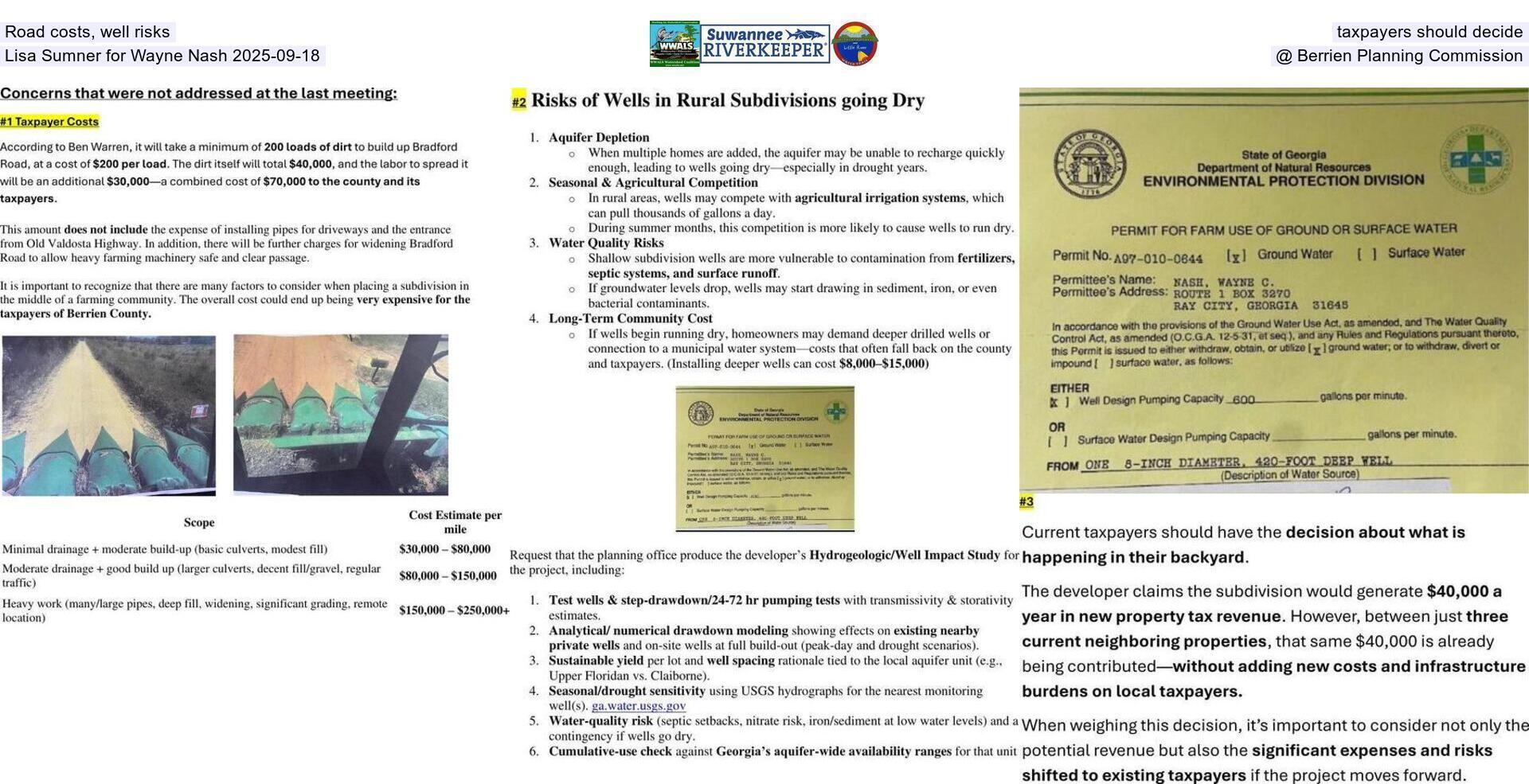 [Road costs, well risks, taxpayers should decide --Lisa Sumner for Wayne Nash 2025-09-18 @ Berrien Planning Commission]