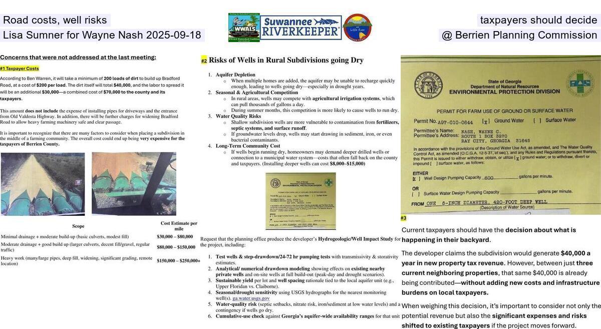 Road costs, well risks, taxpayers should decide --Lisa Sumner for Wayne Nash 2025-09-18 @ Berrien Planning Commission