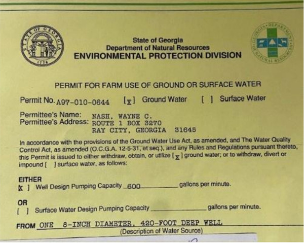 [Wayne Nash Well Permit: 600 gallons per minute]