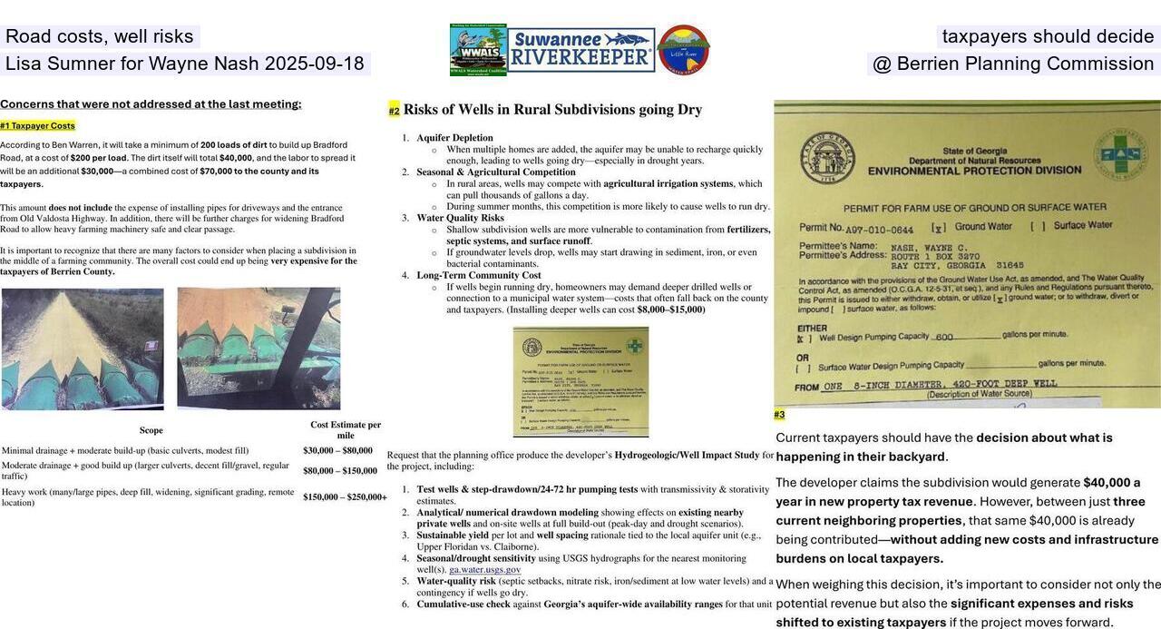 Road costs, well risks, taxpayers should decide --Lisa Sumner for Wayne Nash 2025-09-18 @ Berrien Planning Commission