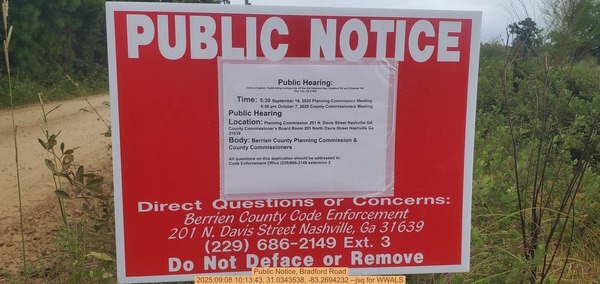 [Public Notice, Bradford Road, 2025:09:08 10:13:43, 31.0343538, -83.2694232 --jsq for WWALS]