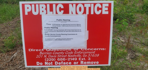 [Public Notice, Old Valdosta Road, 2025:09:08 10:16:28, 31.0338961, -83.2641776 --jsq for WWALS]