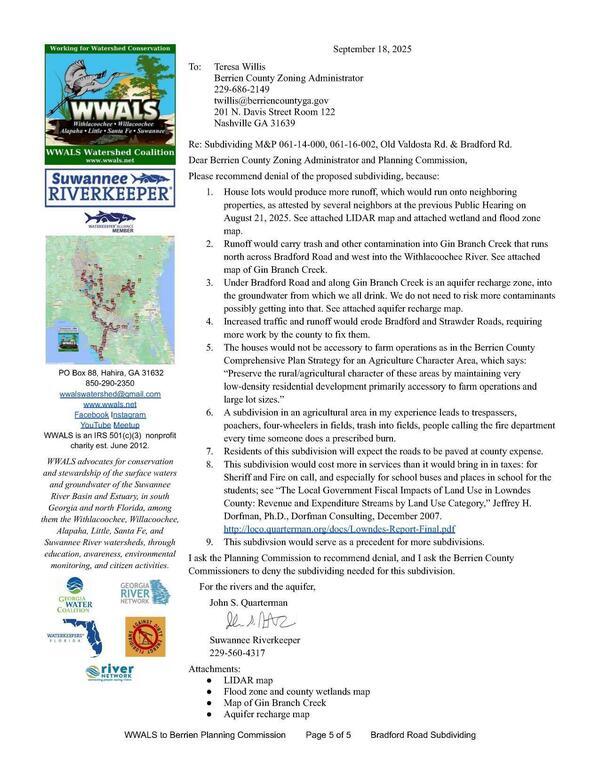 [Please recommend denial of the proposed subdividing, because: 2025-09-18 --WWALS to Berrien Planning Commission]