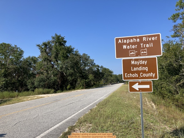 [Mayday Landing at-water and road signs, 2025-09-20 --Gretchen Quarterman for WWALS]