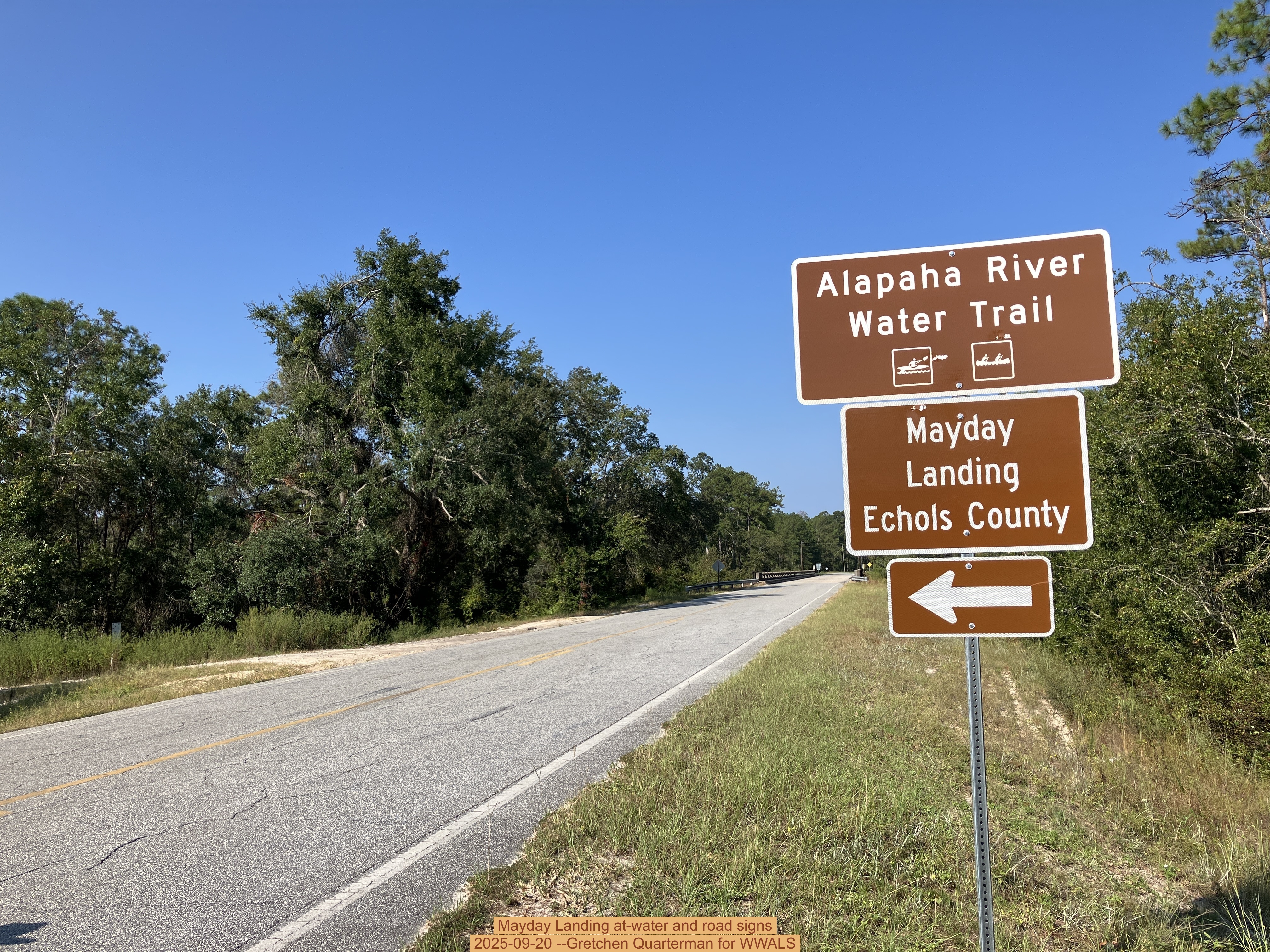 Mayday Landing at-water and road signs, 2025-09-20 --Gretchen Quarterman for WWALS