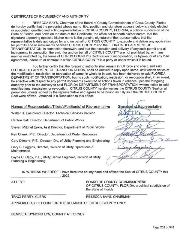 [Certificate of Incumbency and Authority about FDOT]