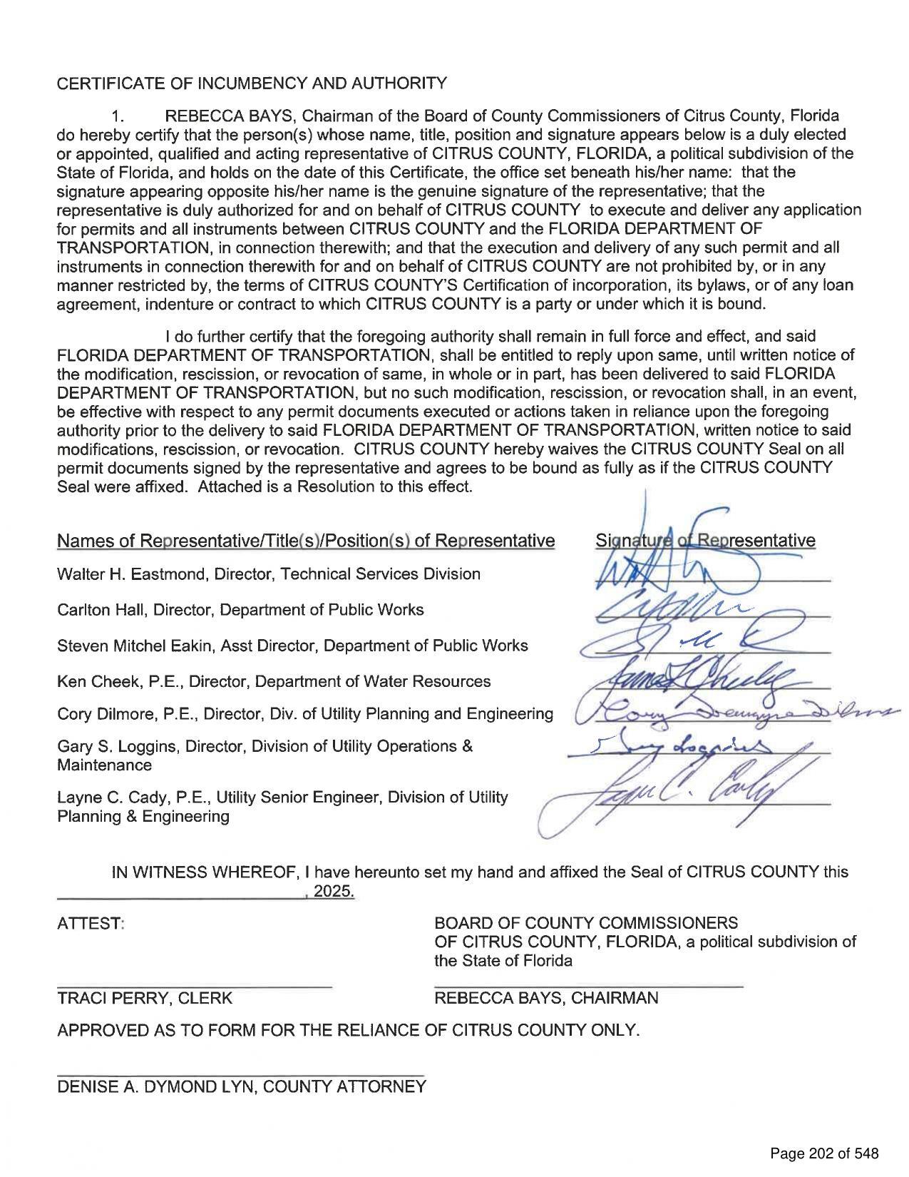 Certificate of Incumbency and Authority about FDOT