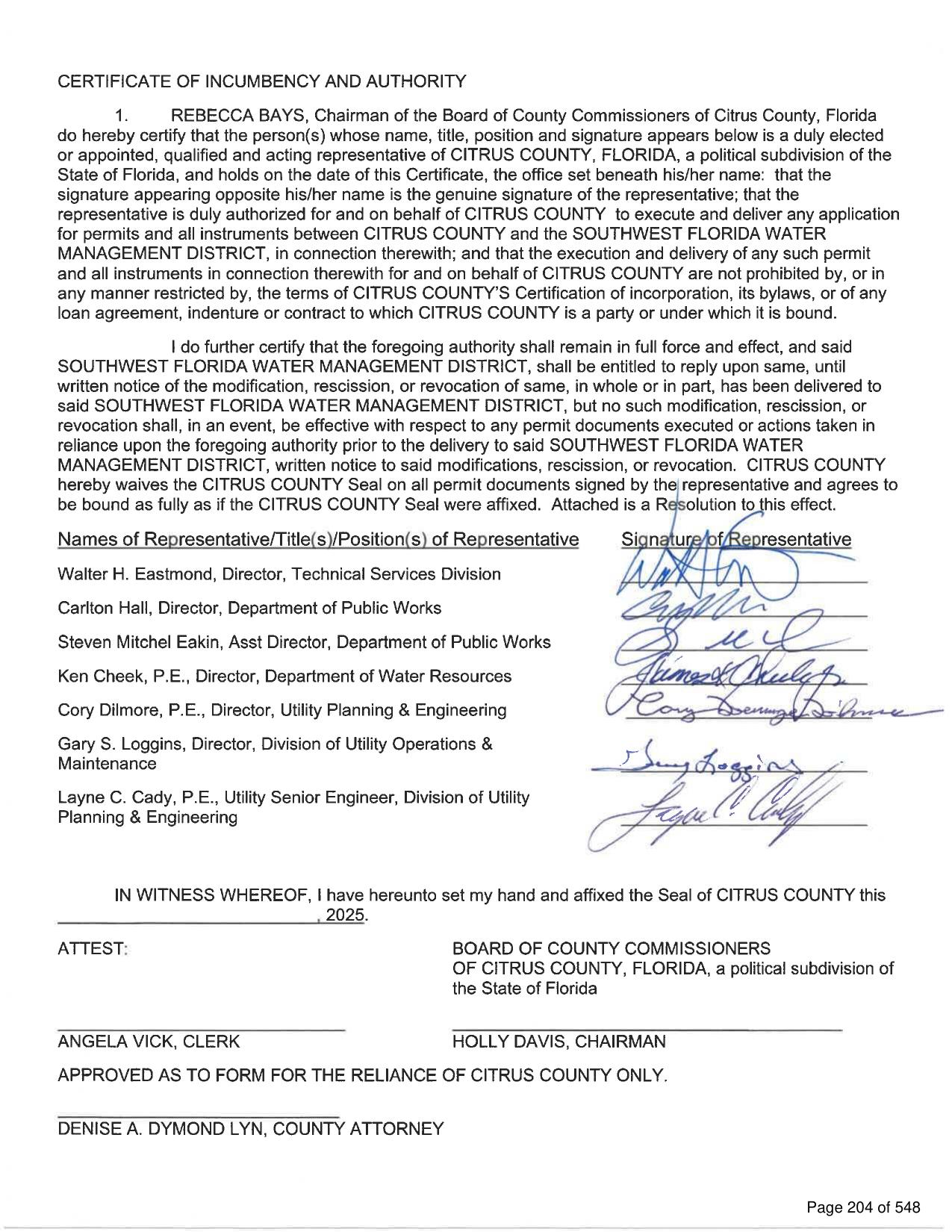 Certificate of Incumbency and Authority about SWFWMD