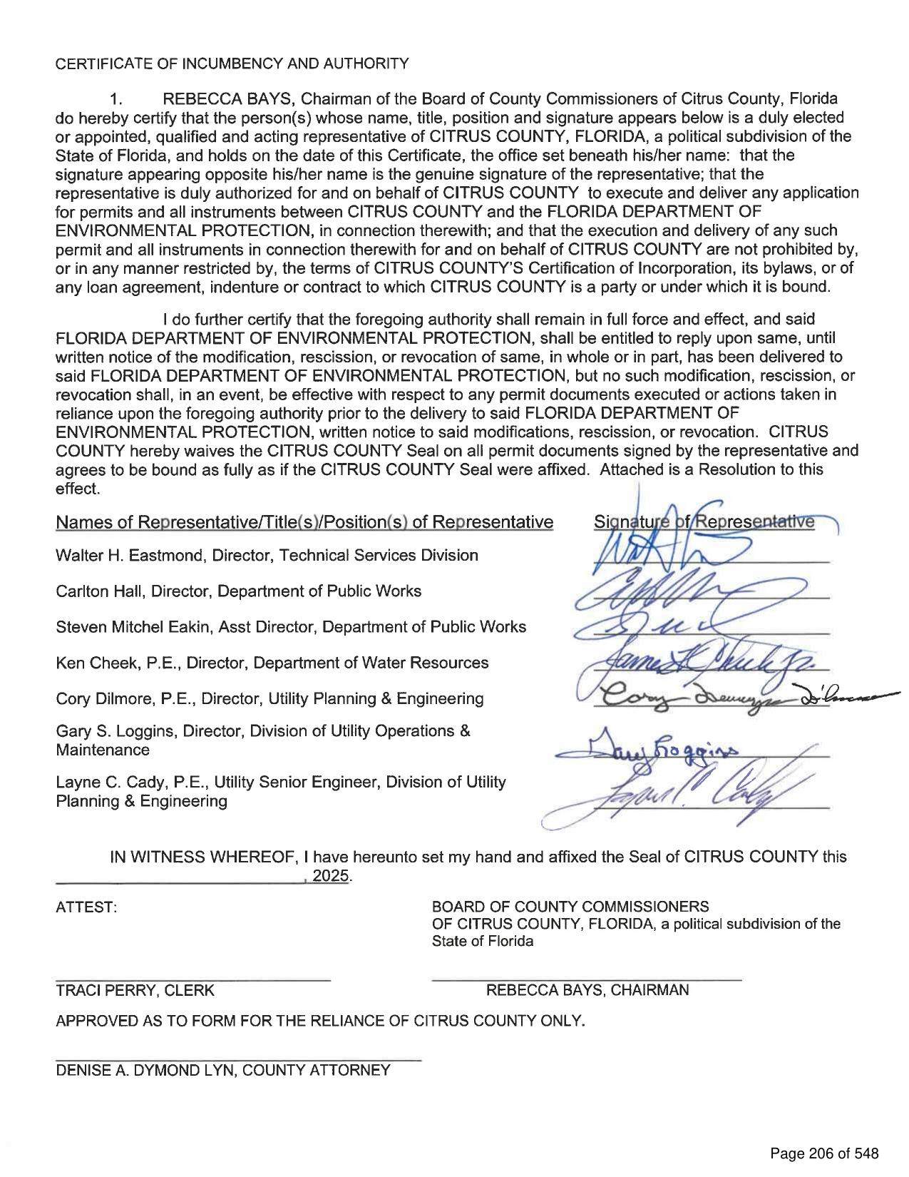 Certificate of Incumbency and Authority about FDEP