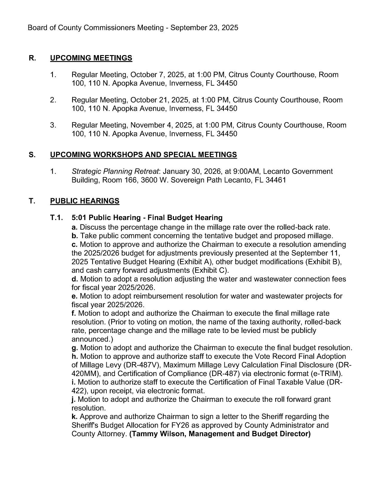 R. Upcoming Meetings, S. Upcoming Workshops and Special Meetings, T. Public Hearings