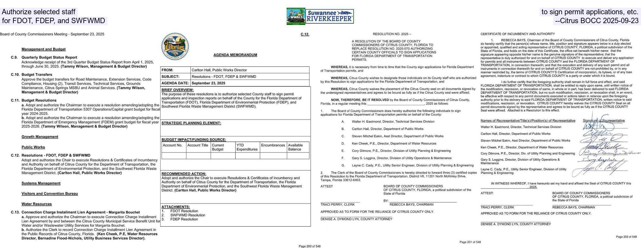 Authorize selected staff to sign permit applications, etc., for FDOT, FDEP, and SWFWMD --Citrus BOCC 2025-09-23