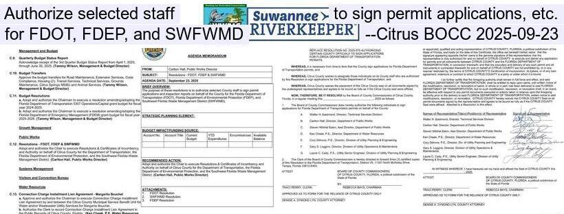 Authorize selected staff to sign permit applications, etc., for FDOT, FDEP, and SWFWMD --Citrus BOCC 2025-09-23