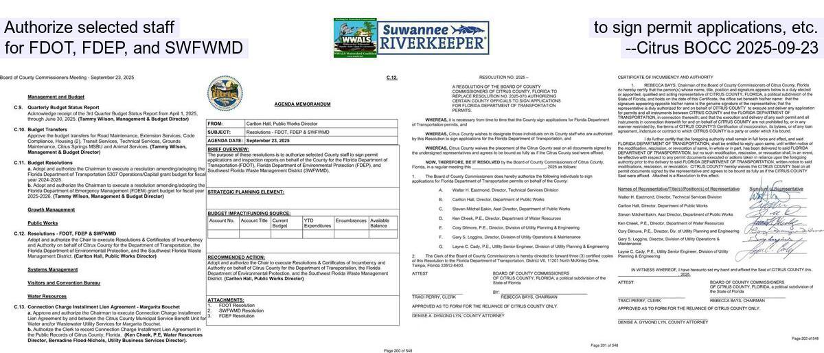 [Authorize selected staff to sign permit applications, etc., for FDOT, FDEP, and SWFWMD --Citrus BOCC 2025-09-23]