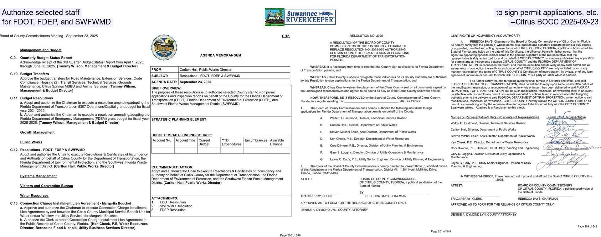 [Authorize selected staff to sign permit applications, etc., for FDOT, FDEP, and SWFWMD --Citrus BOCC 2025-09-23]