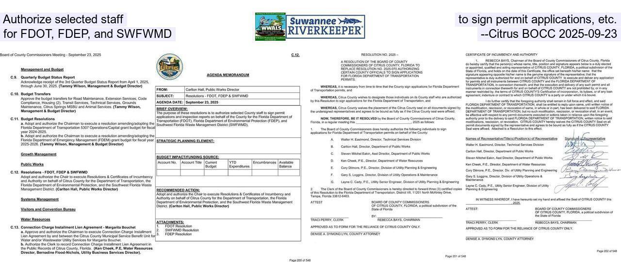 Authorize selected staff to sign permit applications, etc., for FDOT, FDEP, and SWFWMD --Citrus BOCC 2025-09-23