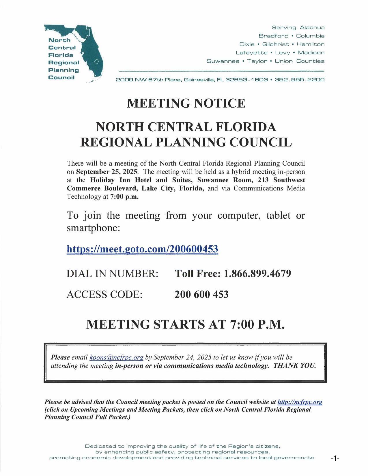 Meeting Notice, 2025-09-25 --NCFRPC