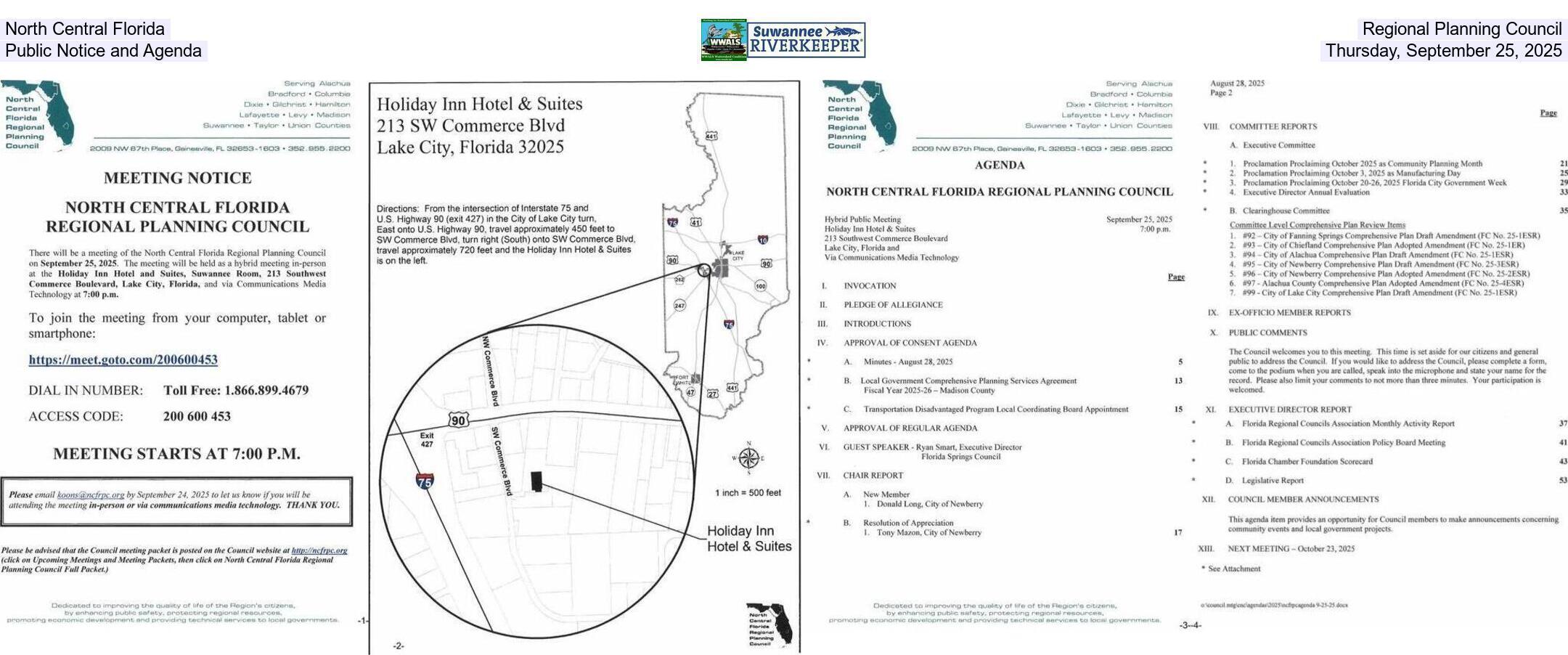 North Central Florida Regional Planning Council, Public Notice and Agenda, Thursday, September 25, 2025