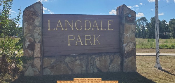 [Langdale Park entrance sign, 2025:09:25 12:29:09, 30.8874018, -83.3146366 --jsq for WWALS]