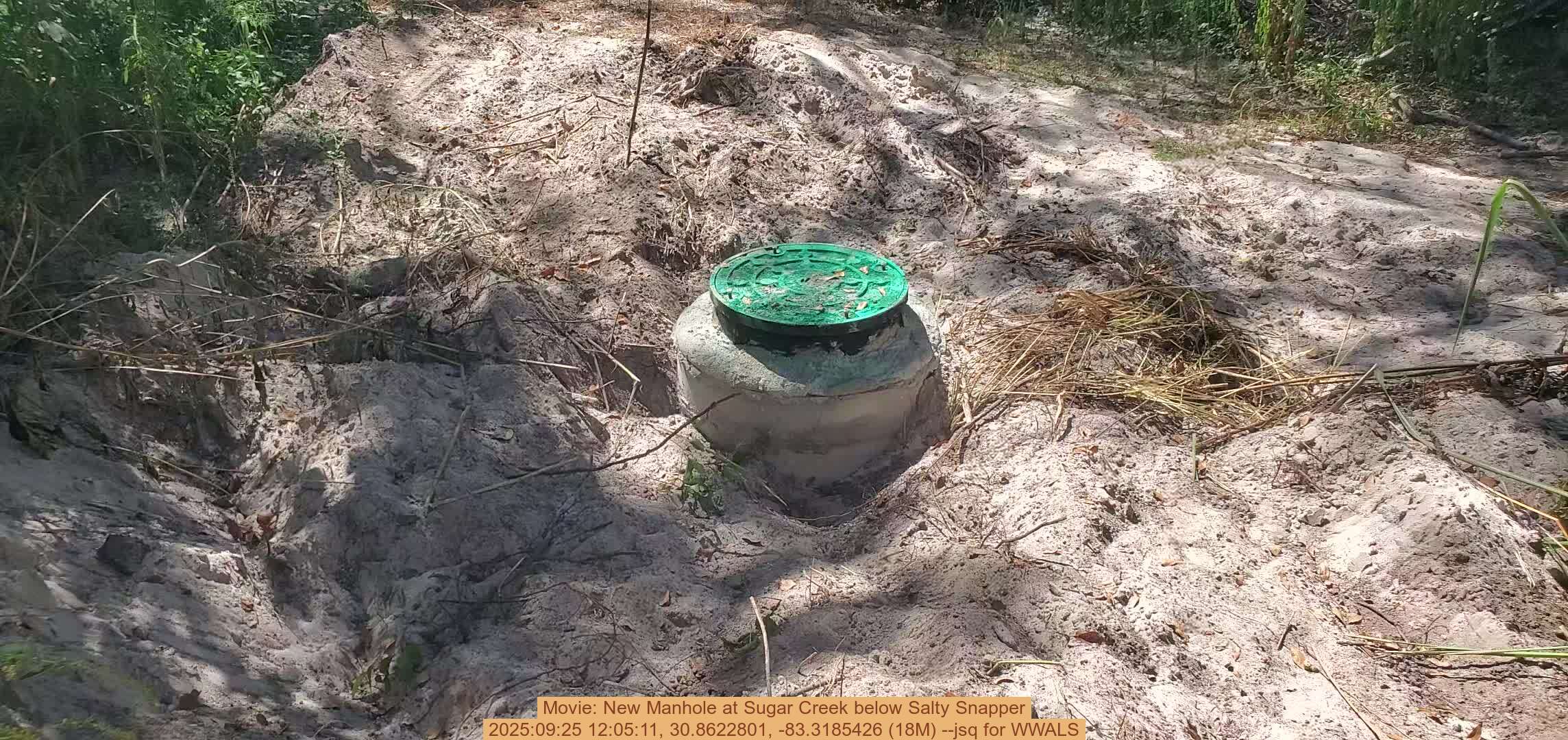 Movie: New Manhole at Sugar Creek below Salty Snapper, 2025:09:25 12:05:11, 30.8622801, -83.3185426 (18M) --jsq for WWALS