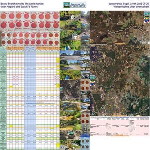 [Beatty Branch smelled like cattle manure, controversial Sugar Creek 2025-05-25, clean Alapaha and Santa Fe Rivers, Withlacoochee clean downstream]