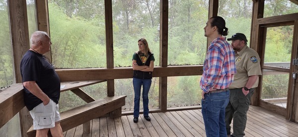 Edwin McCook and Nic Brown explaining to VLPRA, 2025:09:27 10:04:11, 30.2468853, -83.2462012, Dowling Park River Camp
