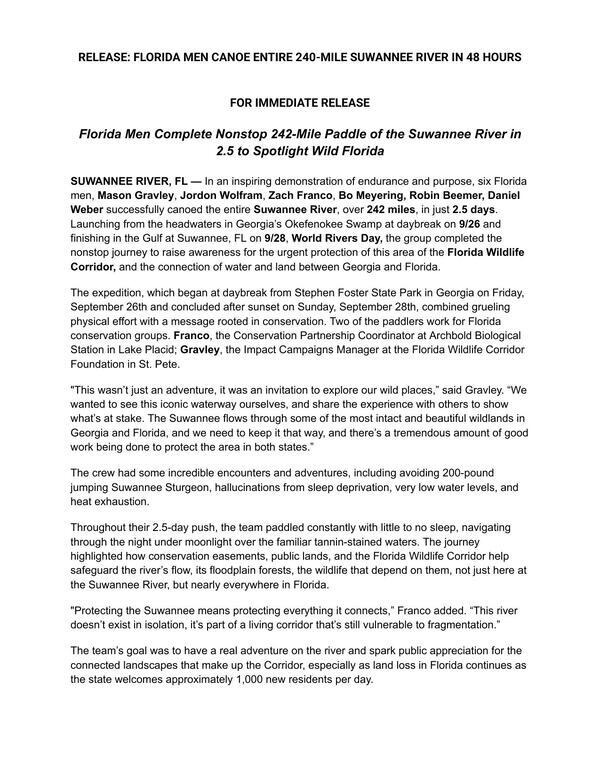 [Suwannee River Press Release 4 0001]