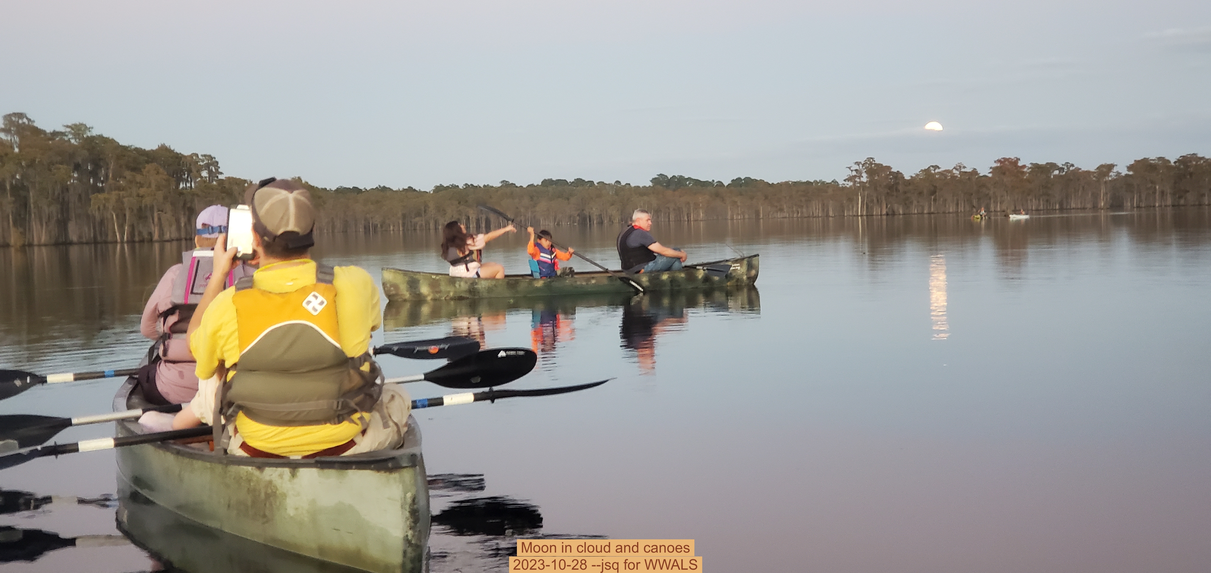 Moon in cloud and canoes, 2023-10-28 --jsq for WWALS