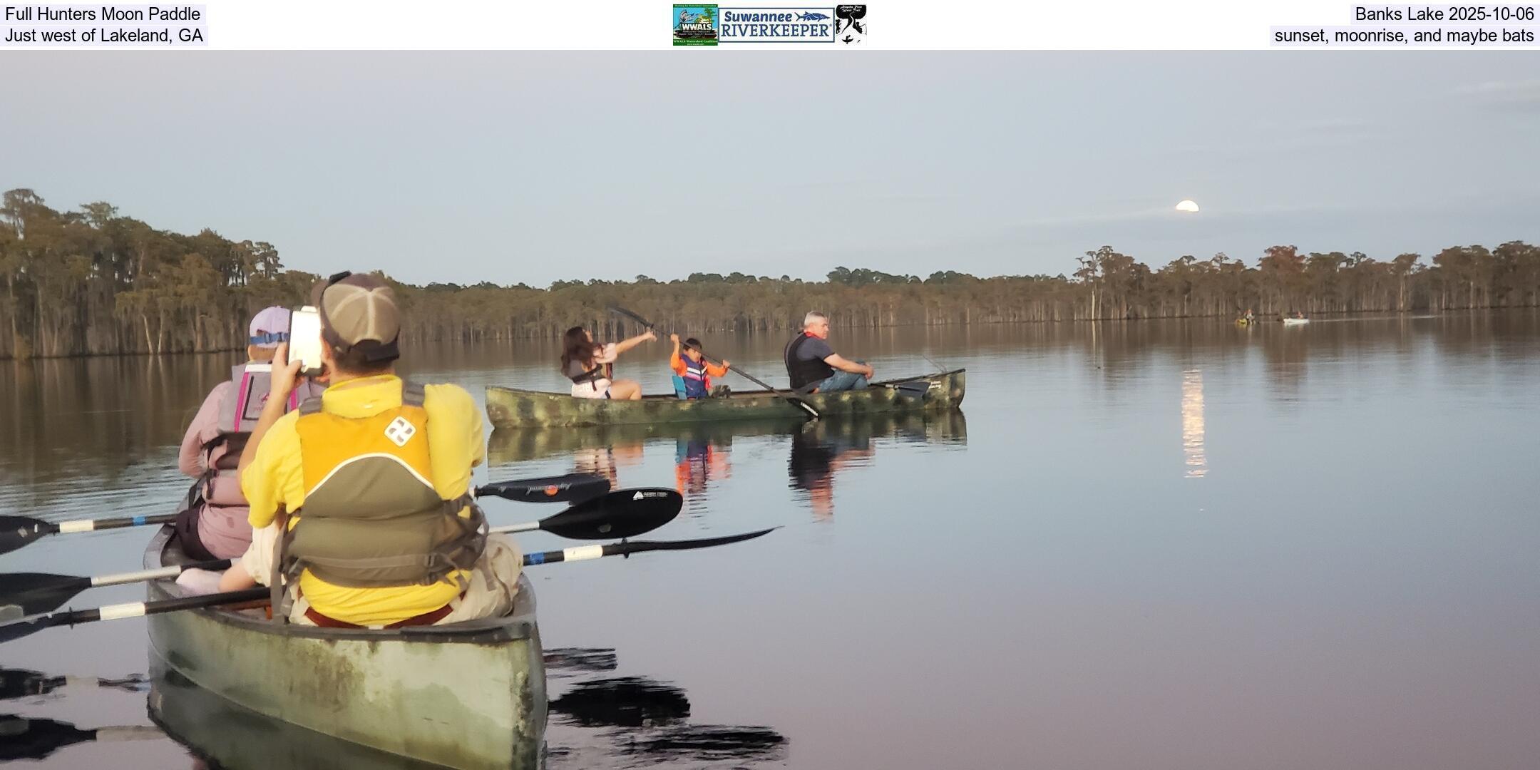 Full Hunters Moon Paddle, Banks Lake 2025-10-06, Just west of Lakeland, GA, sunset, moonrise, and maybe bats