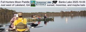 [Full Hunters Moon Paddle, Banks Lake 2025-10-06, Just west of Lakeland, GA, sunset, moonrise, and maybe bats]