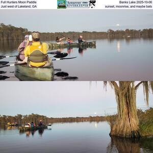 [Full Hunters Moon Paddle, Banks Lake 2025-10-06, Just west of Lakeland, GA, sunset, moonrise, and maybe bats]