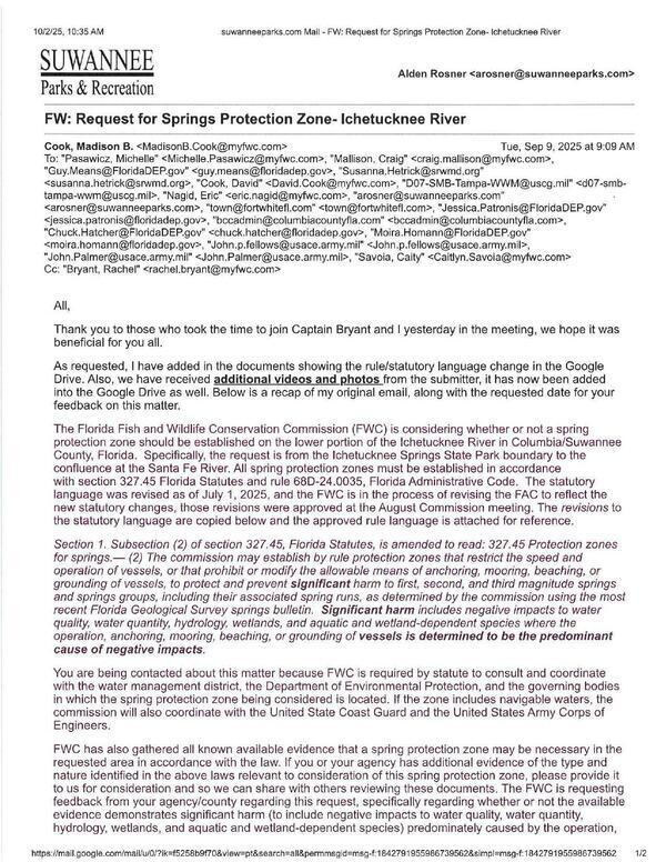 [FW: Request for Springs Protection Zone- Ichetucknee River 2025-09-09]