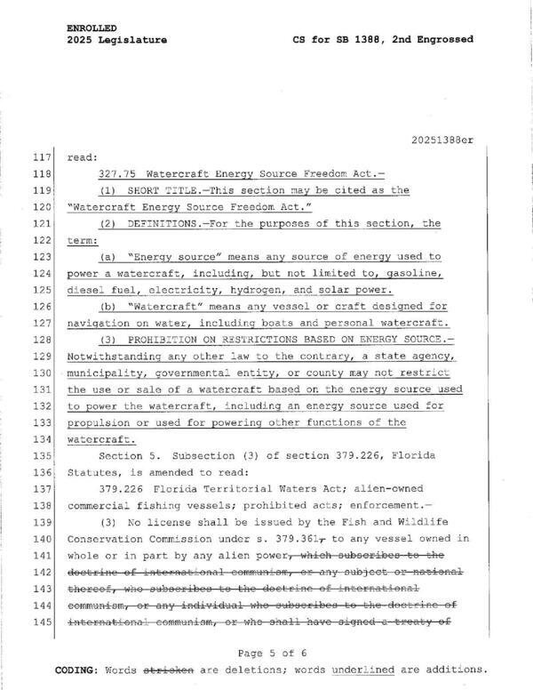 [Text of Section 327.75 Watercraft Energy Source Freedom Act]