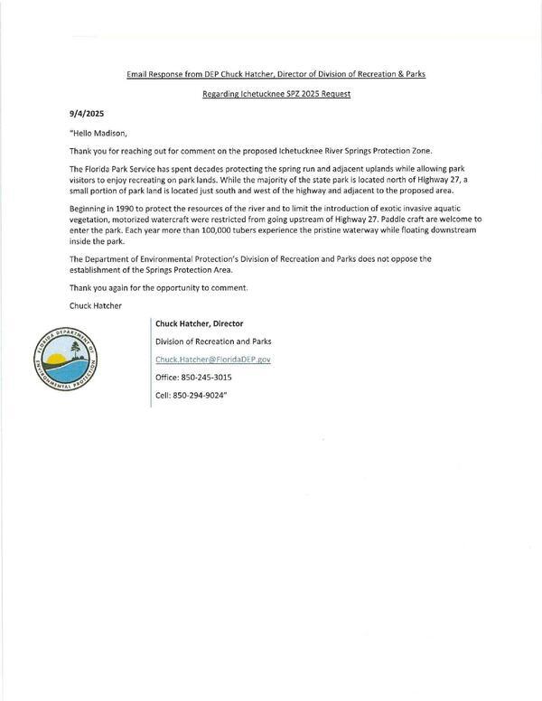 [Email Response from DEP Chuck Hatcher, Director of Division of Recreation & Parks]