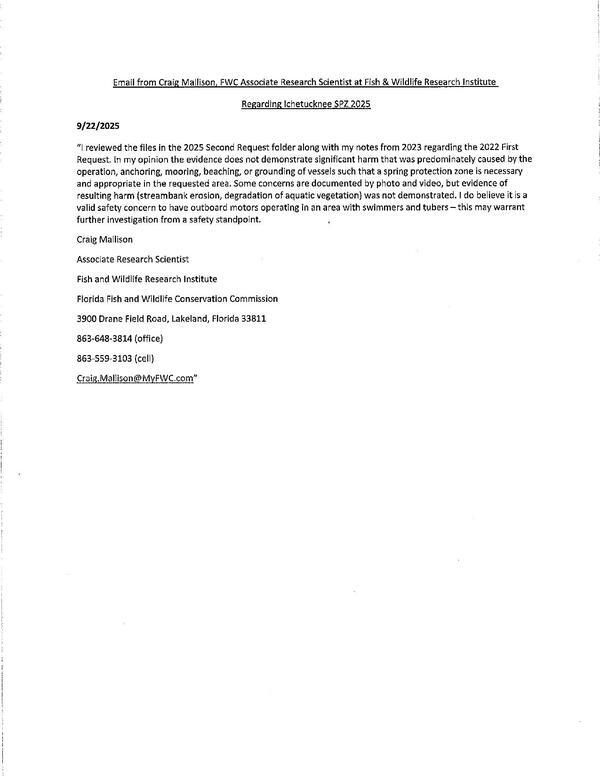 [Email from Craig Mallison, FWC Associate Research Scientist at Fish & Wildlife Research Institute]