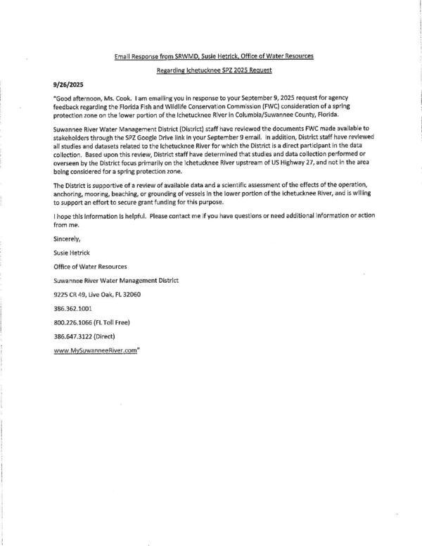 [Email Response from SRWMD, Susie Hetrick, Office of Water Resources]