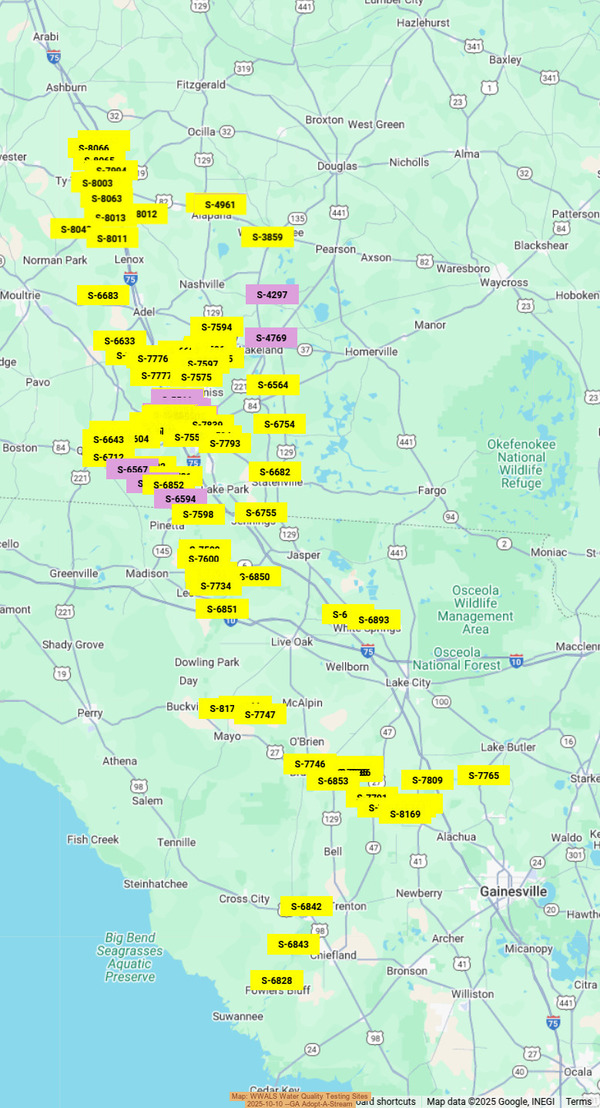[Map: WWALS Water Quality Testing Sites, 2025-10-10 --GA Adopt-A-Stream]