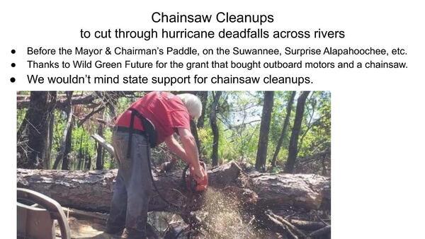 [Chainsaw Cleanups to cut through hurricane deadfalls across rivers]