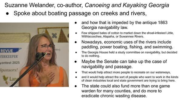 [Suzanne Welander, co-author, Canoeing and Kayaking Georgia Spoke about boating passage on creeks and rivers: fix the 1863 navigability law]