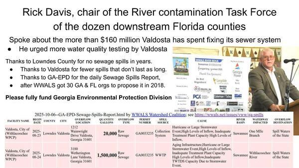 [Rick Davis, chair of the River contamination Task Force of the dozen downstream Florida counties: require more testing]