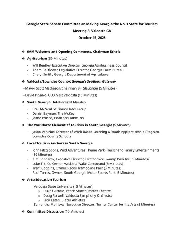[Agriculture, Valdosta and Lowndes County, Hotels, WOrkforce, Anchors, Arts, Education]