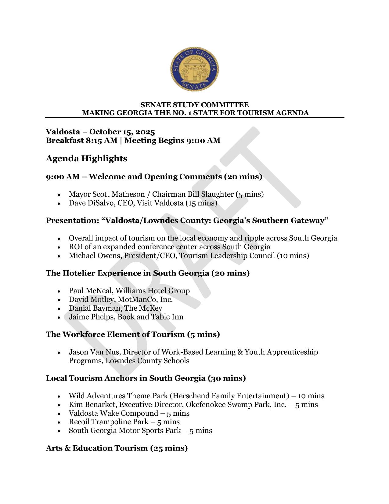 Breakfast 8:15 AM; Meeting Begins 9:00 AM