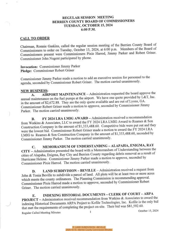 [D. LAND SUBDIVISION --BEVILLE, 2025-10-15 --Berrien County Commission Minutes]
