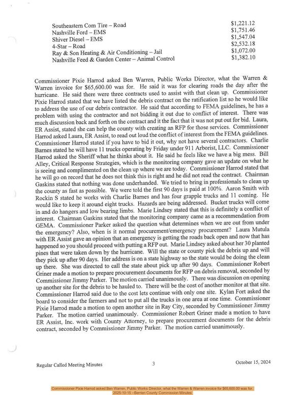 [Commissioner Pixie Harrod asked Ben Warren, Public Works Director, what the Warren & Warren invoice for \$65,600.00 was for., 2025-10-15 --Berrien County Commission Minutes]