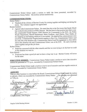 [EXECUTIVE SESSION: Commissioner Jimmy Parker made a motion to move into executive session for personnel at 7:31 p.m., seconded by Commissioner Robert Griner., 2025-10-15 --Berrien County Commission Minutes]