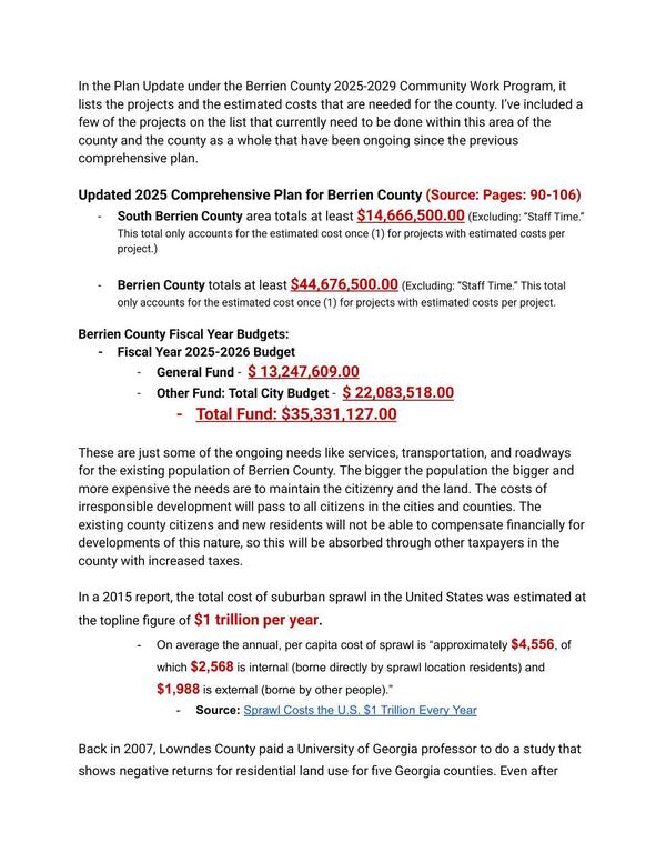 [In the Plan Update under the Berrien County 2025-2029 Community Work Program, it lists the projects and the estimated costs that are needed for the county.]