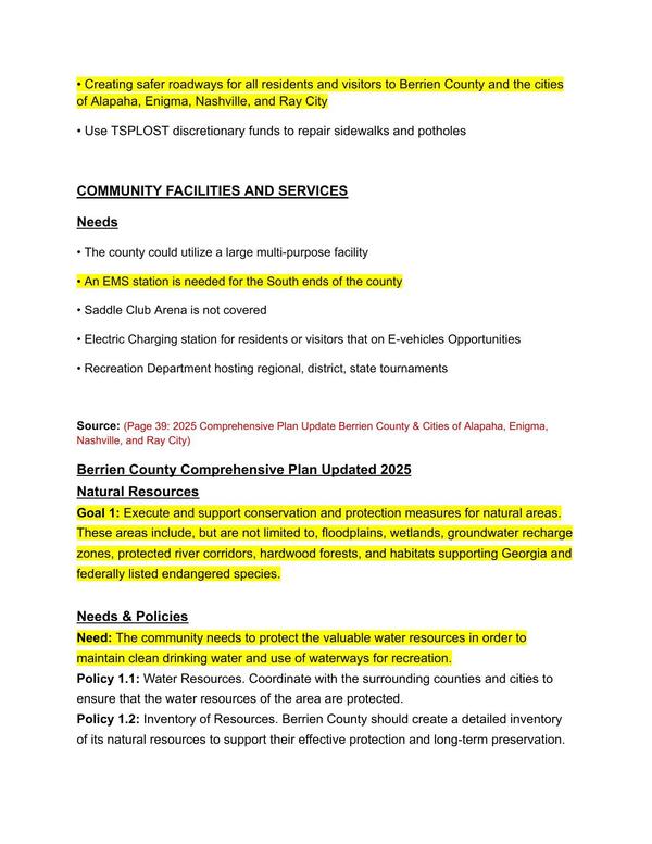 [COMMUNITY FACILITIES AND SERVICES Needs; Natural Resources Goals --Comprehensive Plan]