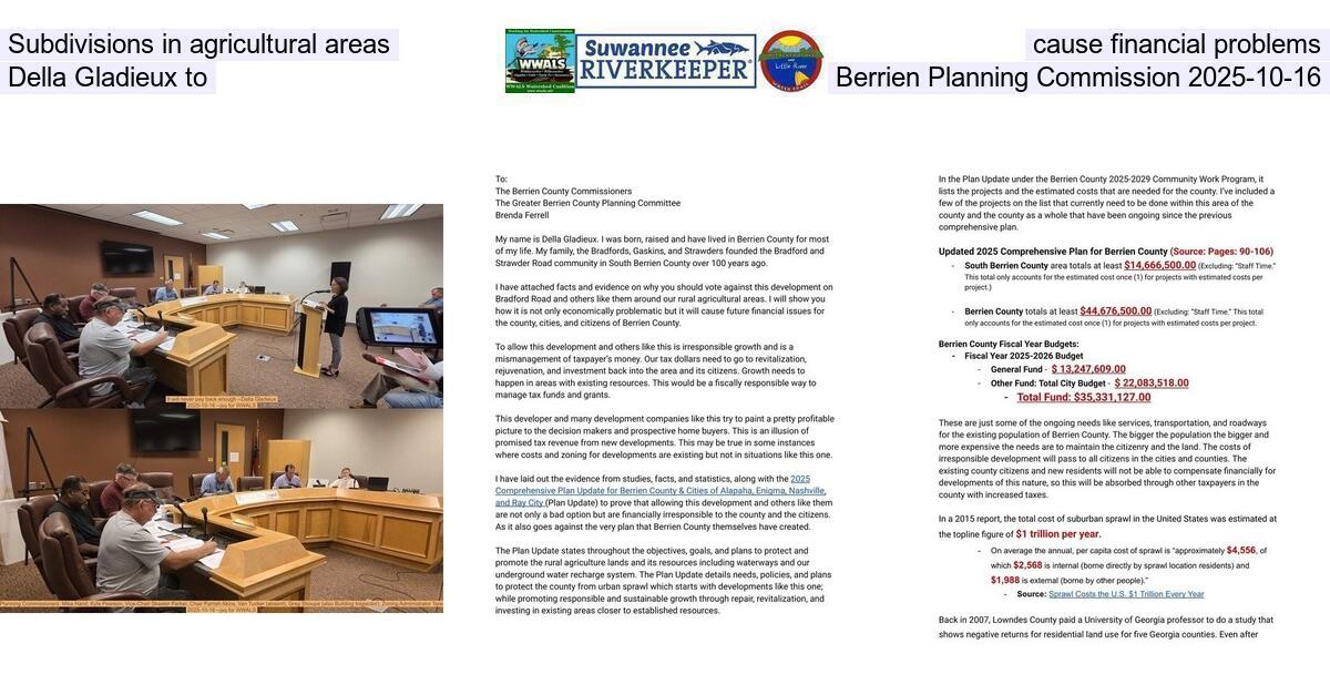 [Subdivisions in agricultural areas cause financial problems --Della Gladieux to Berrien Planning Commission 2025-10-16]