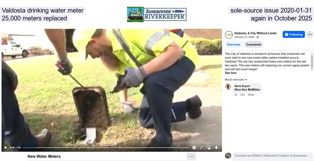 Valdosta drinking water meter sole-source issue 2020-01-31, 25,000 meters replaced again in October 2025