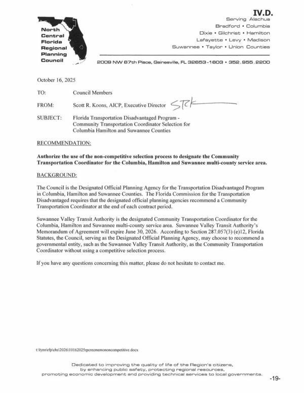 [Community Transportation Coordinator Selection for Columbia Hamilton and Suwannee Counties]